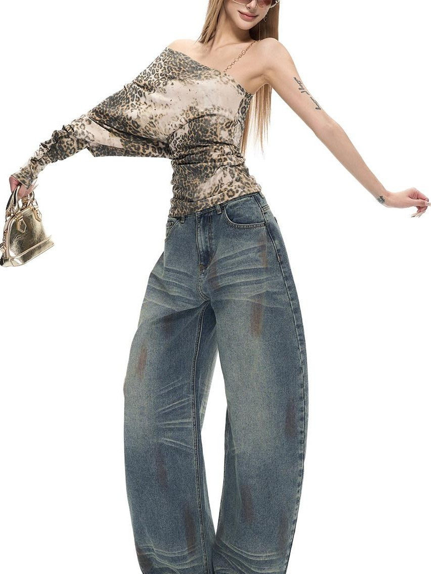 Fanptntox Washed Spray Back Waist Cutout Swoop Women's Cotton Barrel-leg Jeans