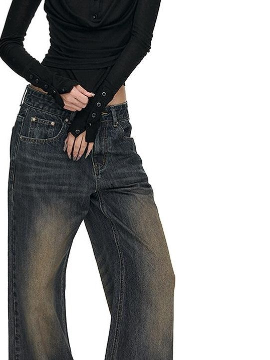 Fanptntox Washed Vintage Low Rise Floor Sweeping Women's Cotton Wide-leg Jeans