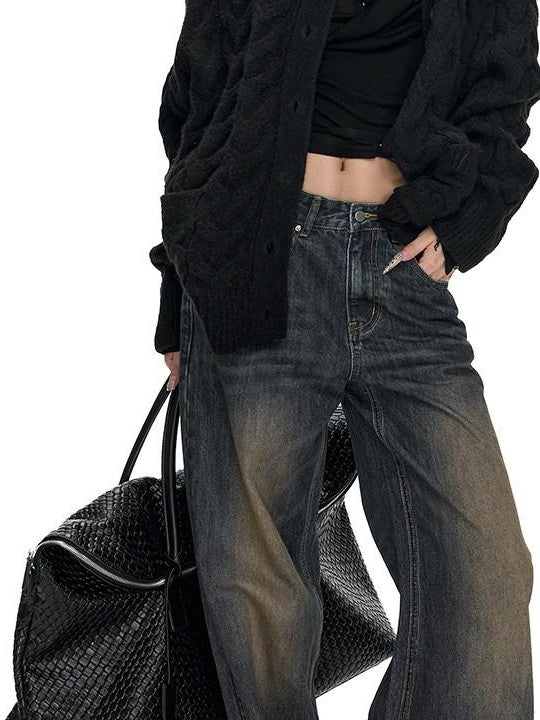 Fanptntox Washed Vintage Low Rise Floor Sweeping Women's Cotton Wide-leg Jeans