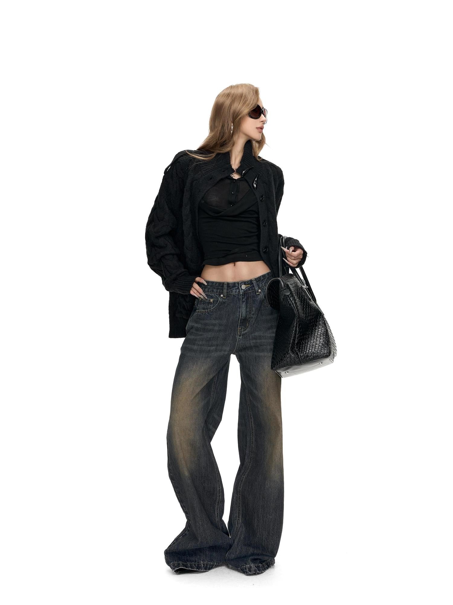 Fanptntox Washed Vintage Low Rise Floor Sweeping Women's Cotton Wide-leg Jeans