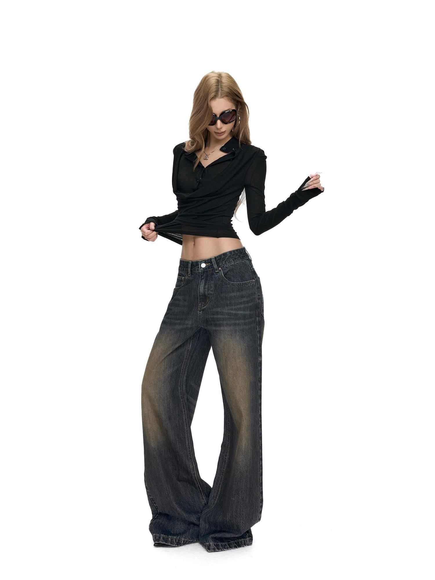 Fanptntox Washed Vintage Low Rise Floor Sweeping Women's Cotton Wide-leg Jeans