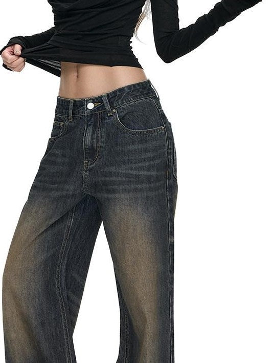 Fanptntox Washed Vintage Low Rise Floor Sweeping Women's Cotton Wide-leg Jeans