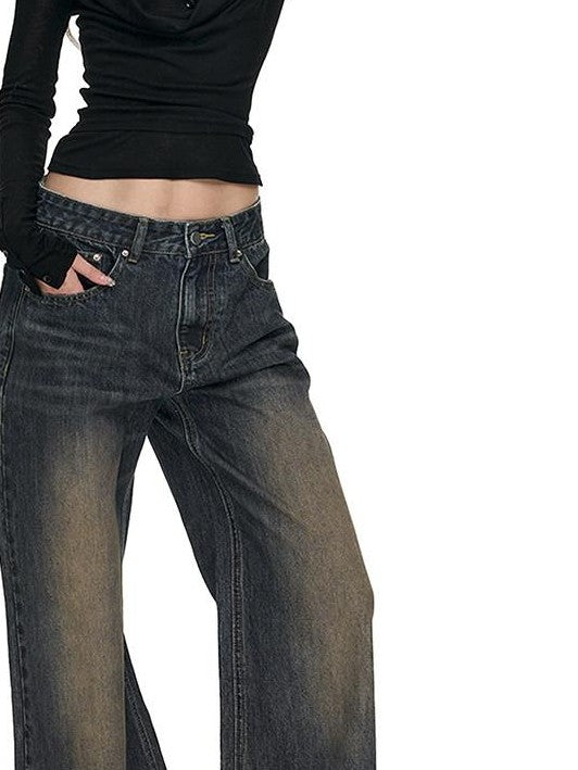 Fanptntox Washed Vintage Low Rise Floor Sweeping Women's Cotton Wide-leg Jeans