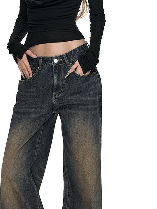 Fanptntox Washed Vintage Low Rise Floor Sweeping Women's Cotton Wide-leg Jeans