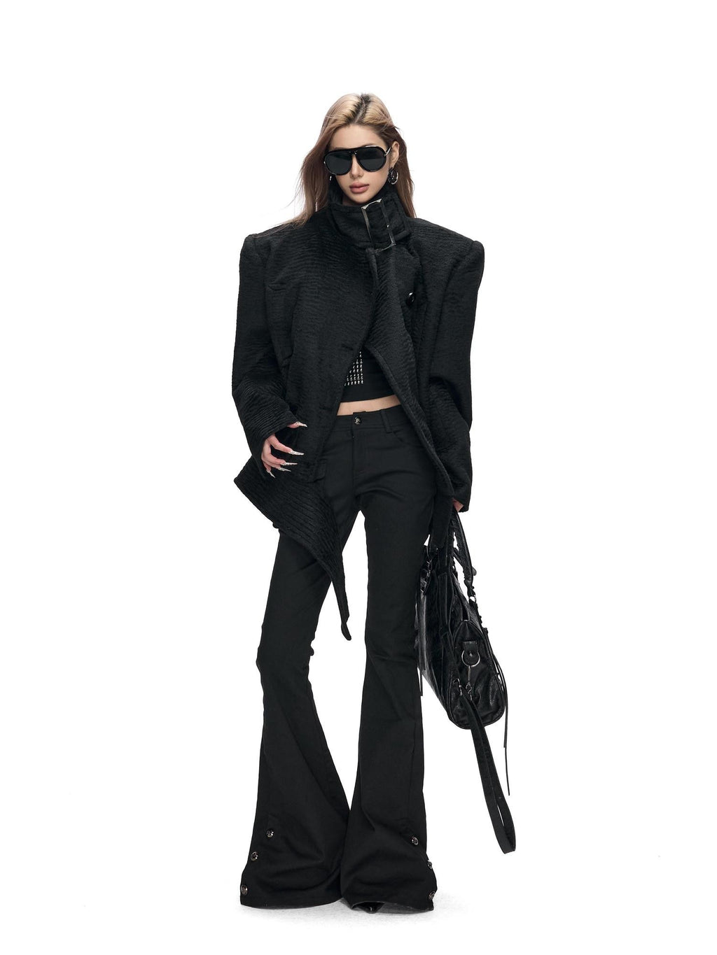 Fanptntox Water Ripple Button Stand Collar Wide Shoulder Women's Single-breasted Coats
