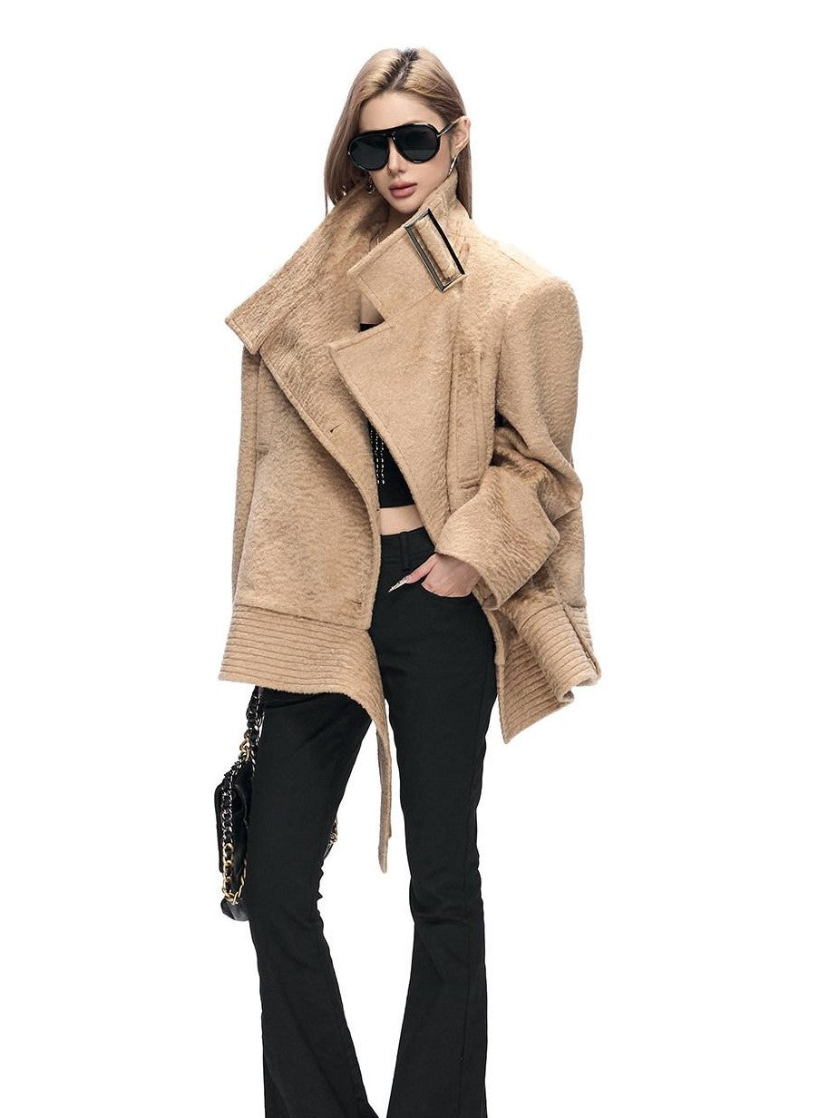 Fanptntox Water Ripple Button Stand Collar Wide Shoulder Women's Single-breasted Coats