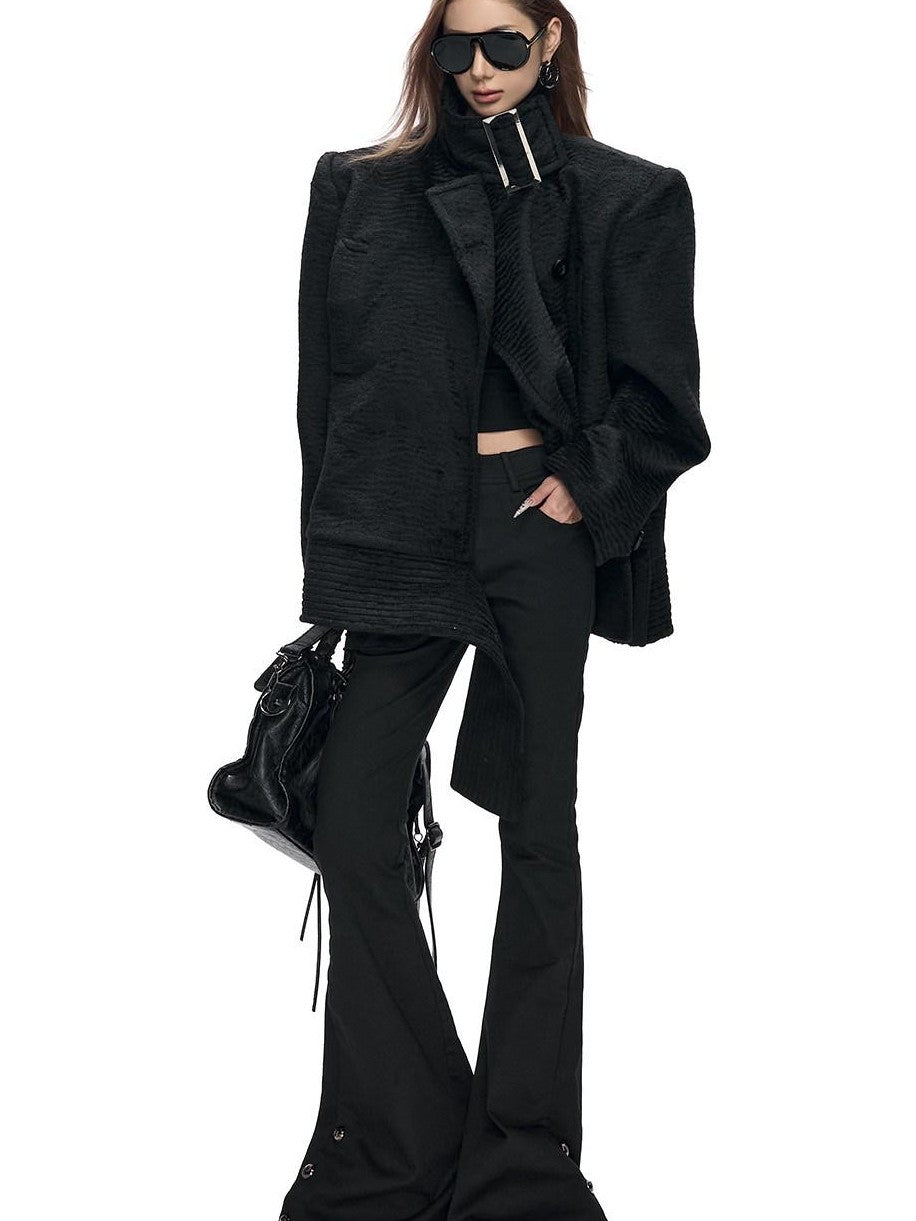 Fanptntox Water Ripple Button Stand Collar Wide Shoulder Women's Single-breasted Coats
