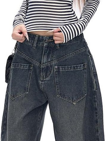 Fanptntox Whisker Washed Low Rise Curved Pocket Women's Denim Wide-leg Jeans