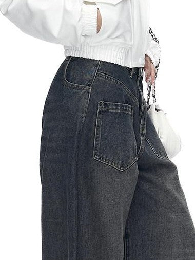 Fanptntox Whisker Washed Low Rise Curved Pocket Women's Denim Wide-leg Jeans