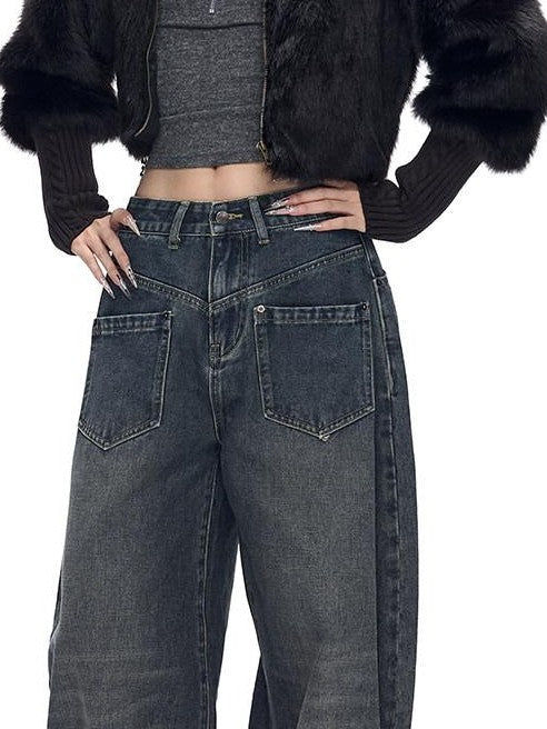 Fanptntox Whisker Washed Low Rise Curved Pocket Women's Denim Wide-leg Jeans