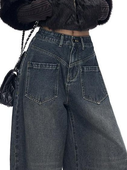 Fanptntox Whisker Washed Low Rise Curved Pocket Women's Denim Wide-leg Jeans