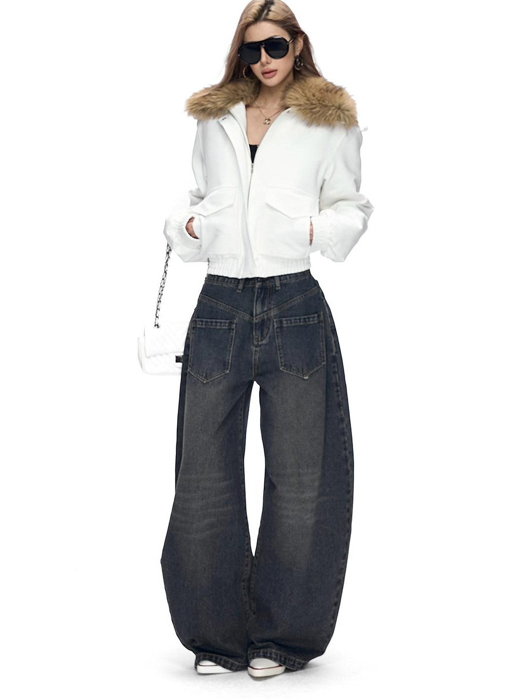 Fanptntox Whisker Washed Low Rise Curved Pocket Women's Denim Wide-leg Jeans