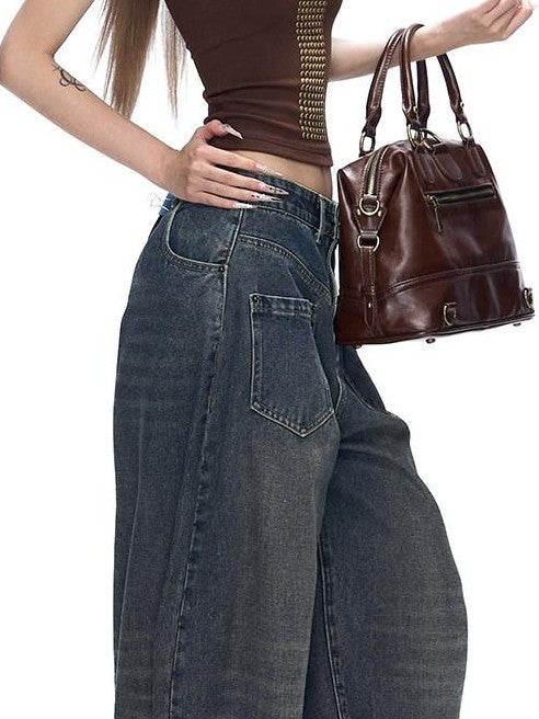 Fanptntox Whisker Washed Low Rise Curved Pocket Women's Denim Wide-leg Jeans