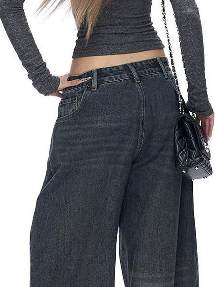 Fanptntox Whisker Washed Low Rise Curved Pocket Women's Denim Wide-leg Jeans