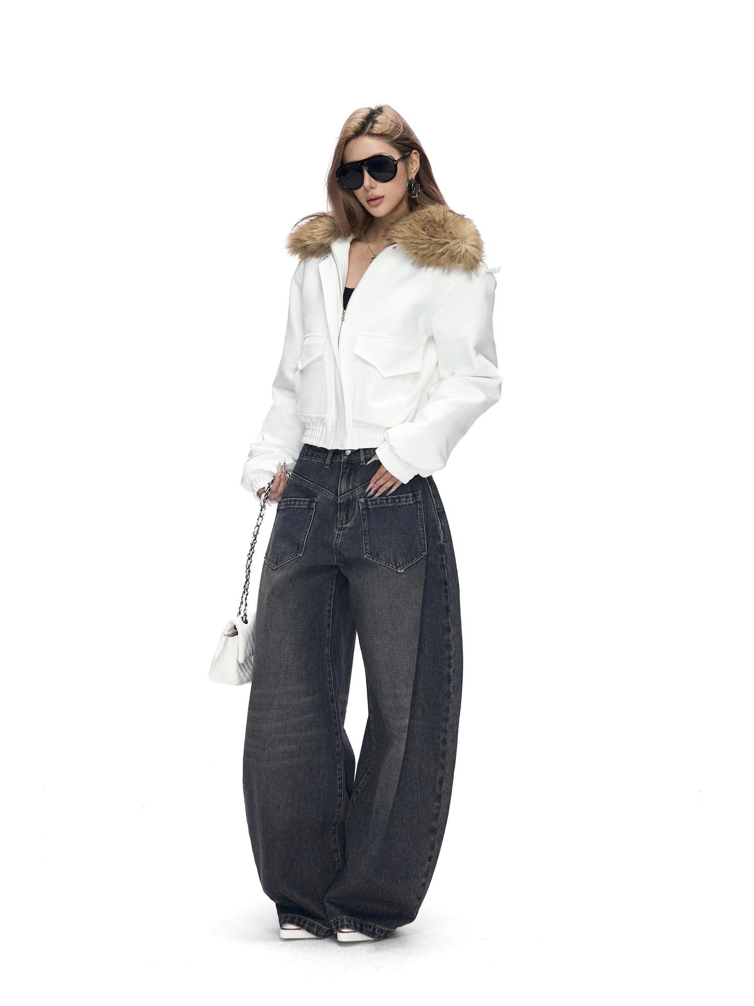 Fanptntox Whisker Washed Low Rise Curved Pocket Women's Denim Wide-leg Jeans
