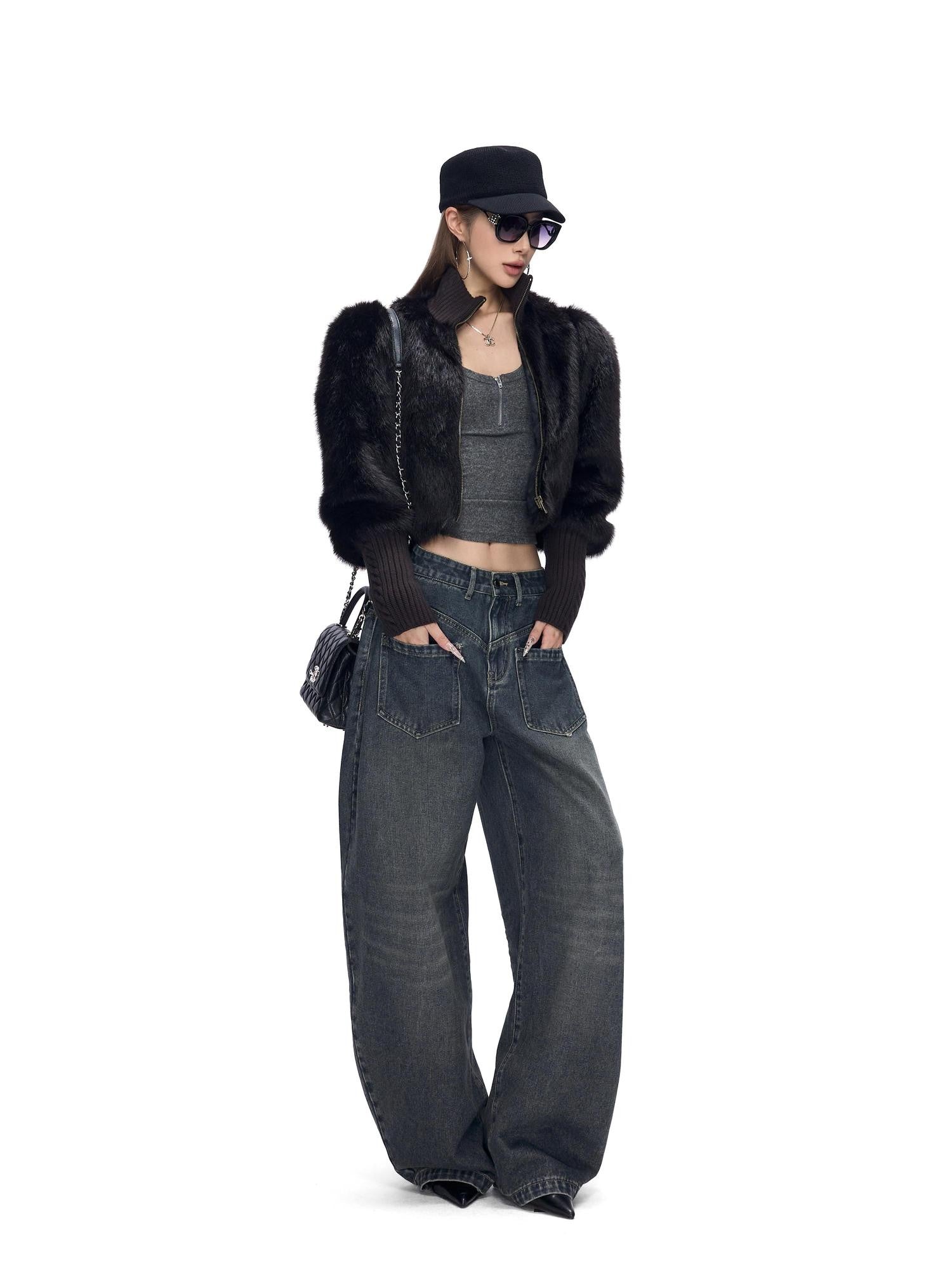 Fanptntox Whisker Washed Low Rise Curved Pocket Women's Denim Wide-leg Jeans