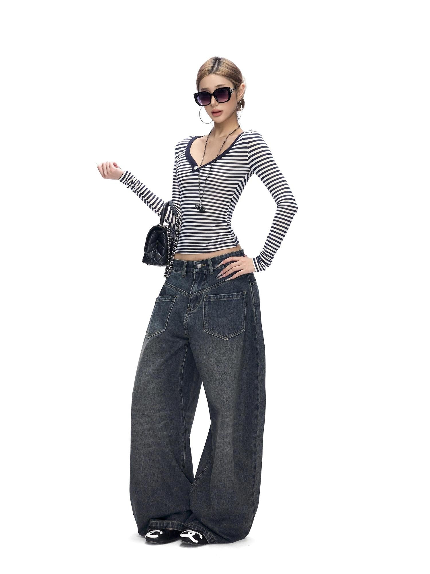 Fanptntox Whisker Washed Low Rise Curved Pocket Women's Denim Wide-leg Jeans