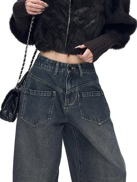 Fanptntox Whisker Washed Low Rise Curved Pocket Women's Denim Wide-leg Jeans