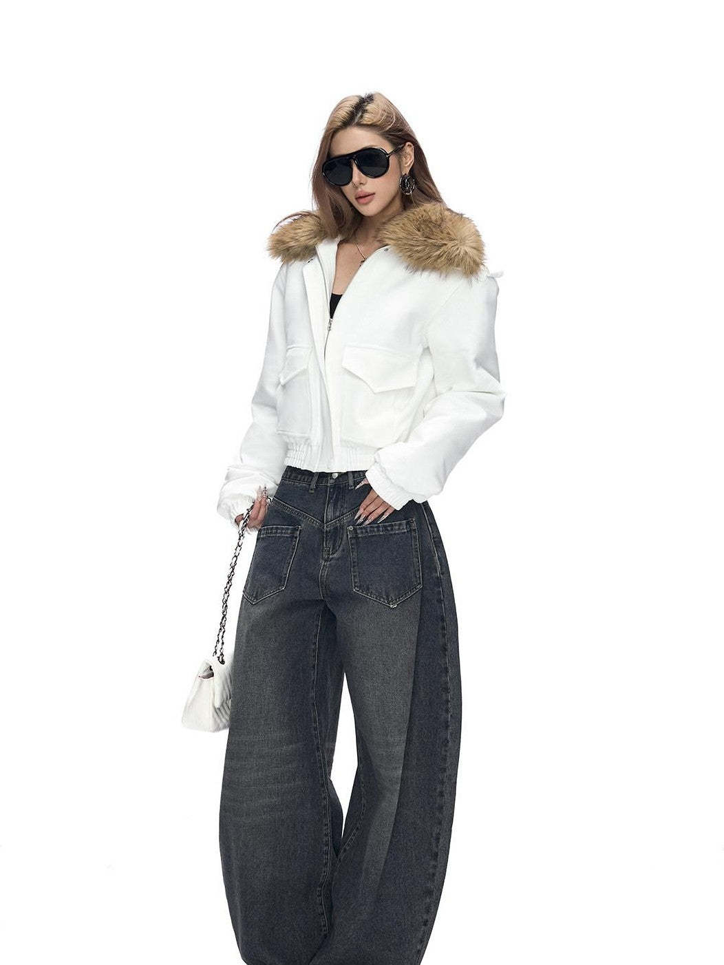 Fanptntox Whisker Washed Low Rise Curved Pocket Women's Denim Wide-leg Jeans
