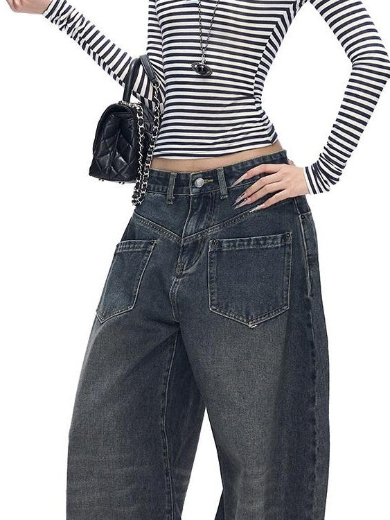 Fanptntox Whisker Washed Low Rise Curved Pocket Women's Denim Wide-leg Jeans
