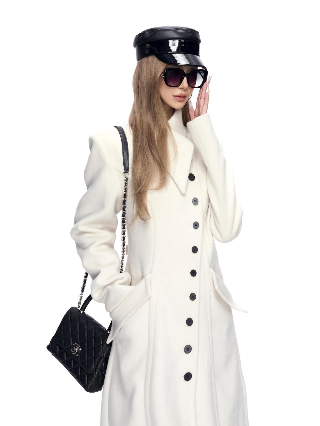 Fanptntox White A Line Waist Cinched Oversized Lapel Women's Polyester Blend Long Coats