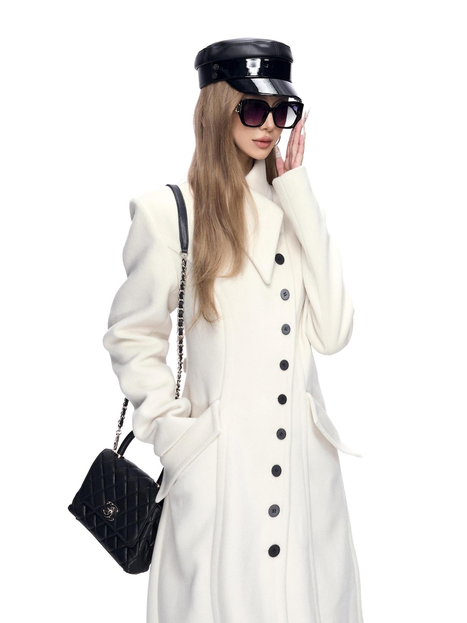 Fanptntox White A Line Waist Cinched Oversized Lapel Women's Polyester Blend Long Coats