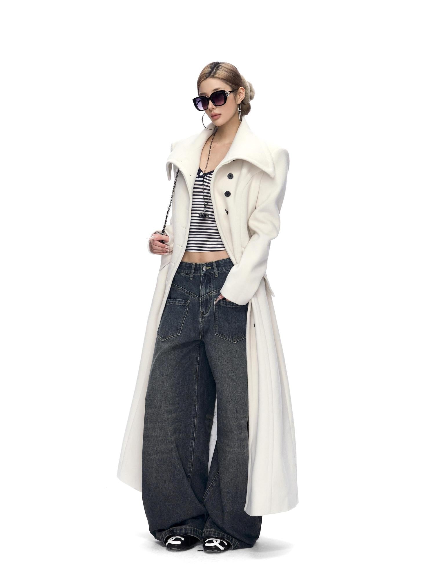 Fanptntox White A Line Waist Cinched Oversized Lapel Women's Polyester Blend Long Coats