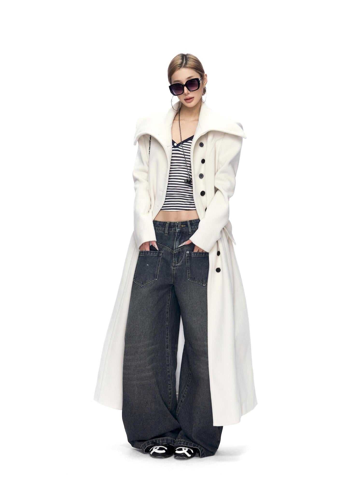 Fanptntox White A Line Waist Cinched Oversized Lapel Women's Polyester Blend Long Coats