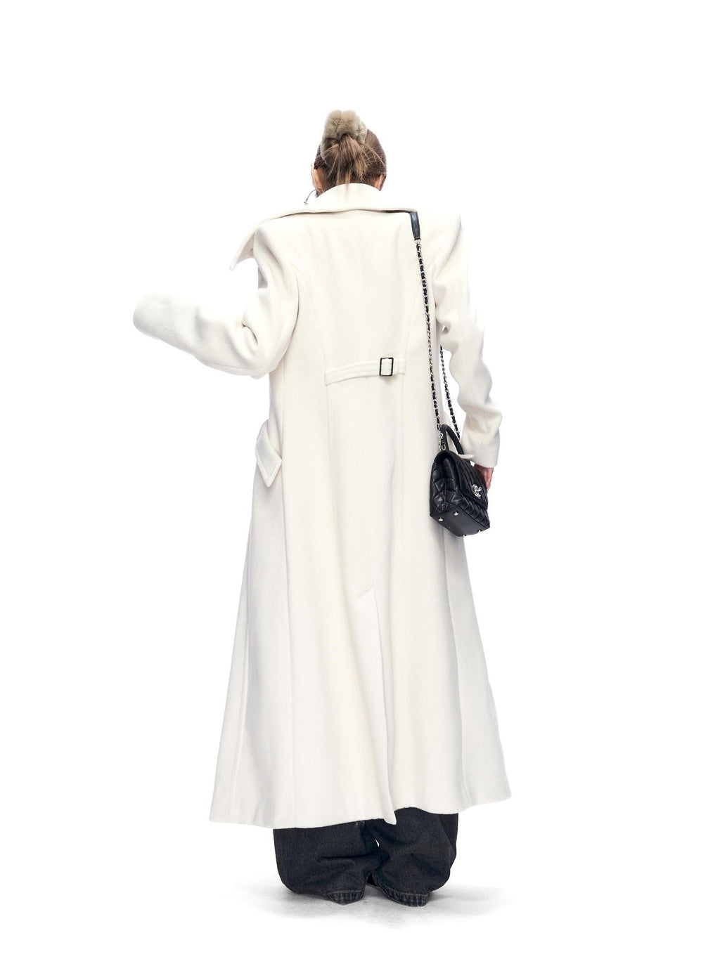 Fanptntox White A Line Waist Cinched Oversized Lapel Women's Polyester Blend Long Coats