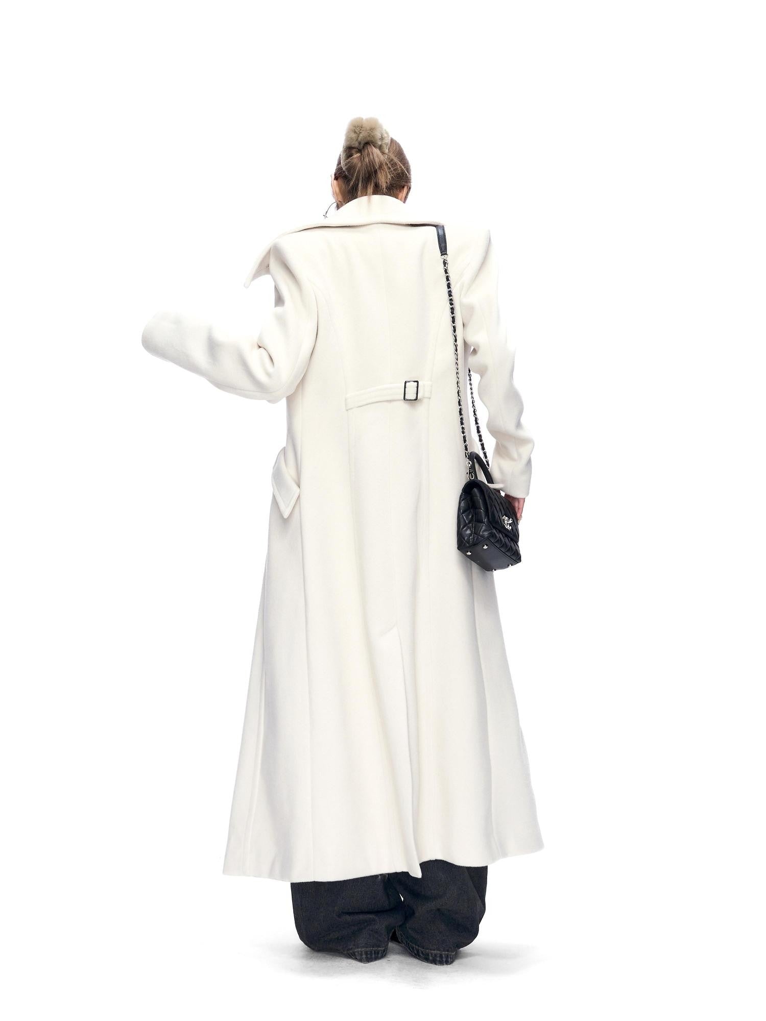 Fanptntox White A Line Waist Cinched Oversized Lapel Women's Polyester Blend Long Coats
