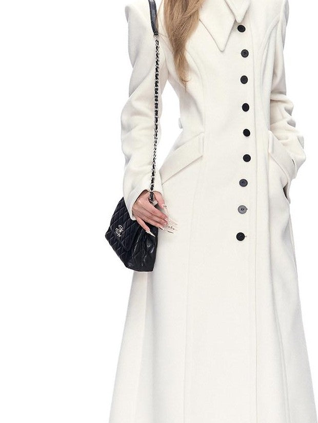 Fanptntox White A Line Waist Cinched Oversized Lapel Women's Polyester Blend Long Coats