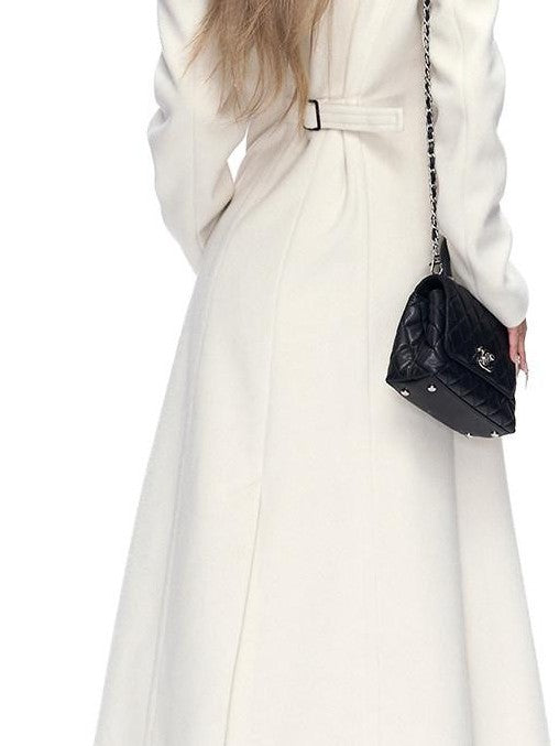 Fanptntox White A Line Waist Cinched Oversized Lapel Women's Polyester Blend Long Coats