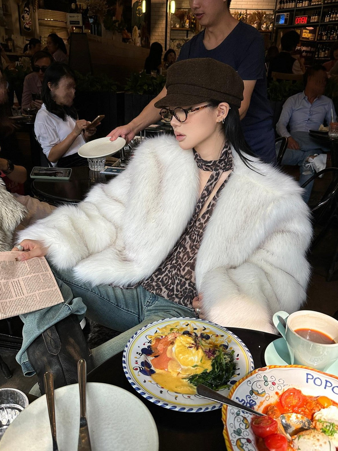 Fanptntox White Boatneck Cropped Loose Fit Women's Faux Mink Faux Fur Coats