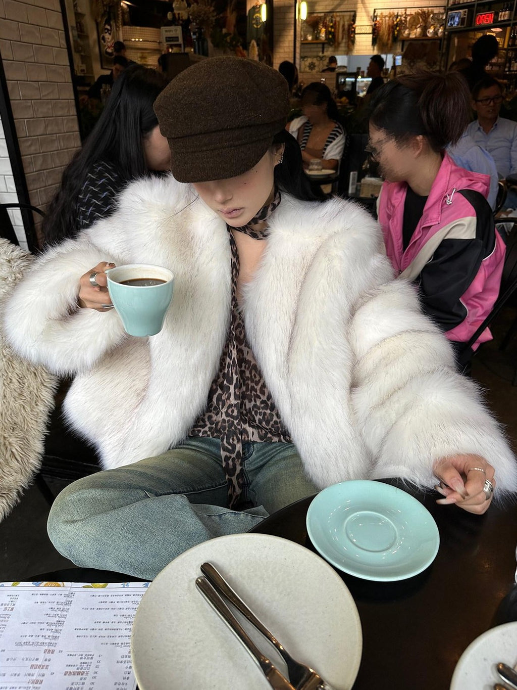 Fanptntox White Boatneck Cropped Loose Fit Women's Faux Mink Faux Fur Coats