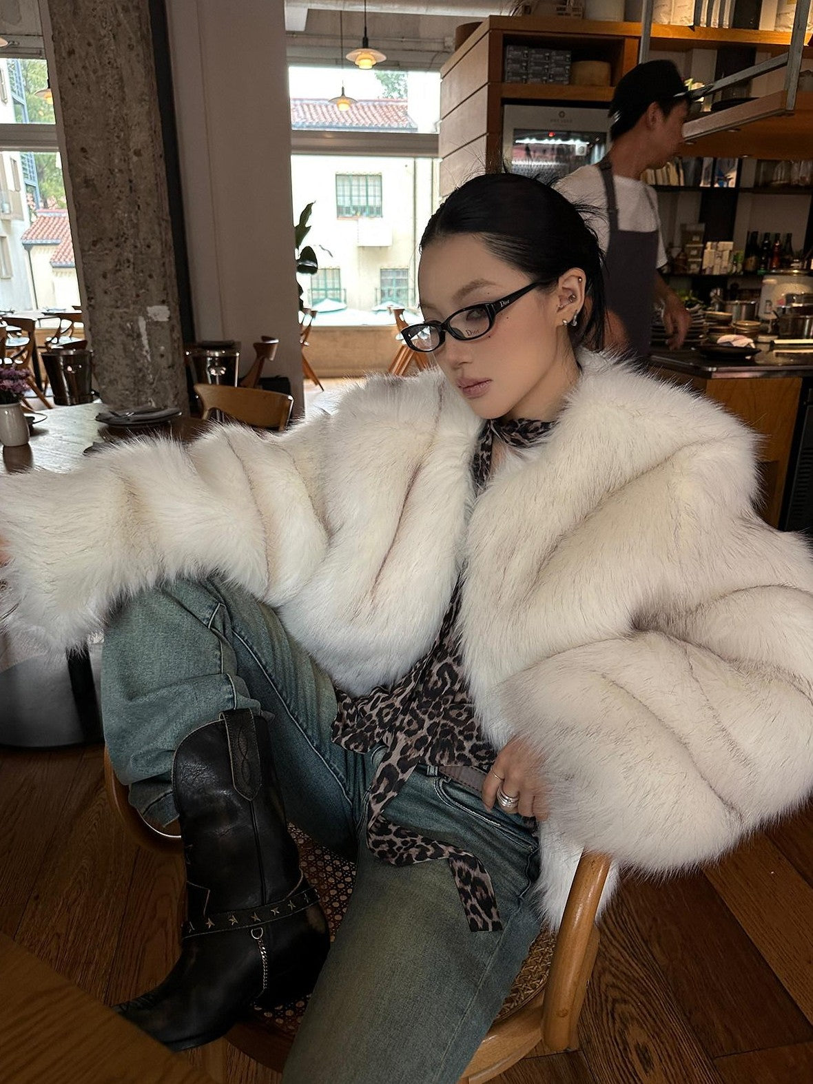 Fanptntox White Boatneck Cropped Loose Fit Women's Faux Mink Faux Fur Coats