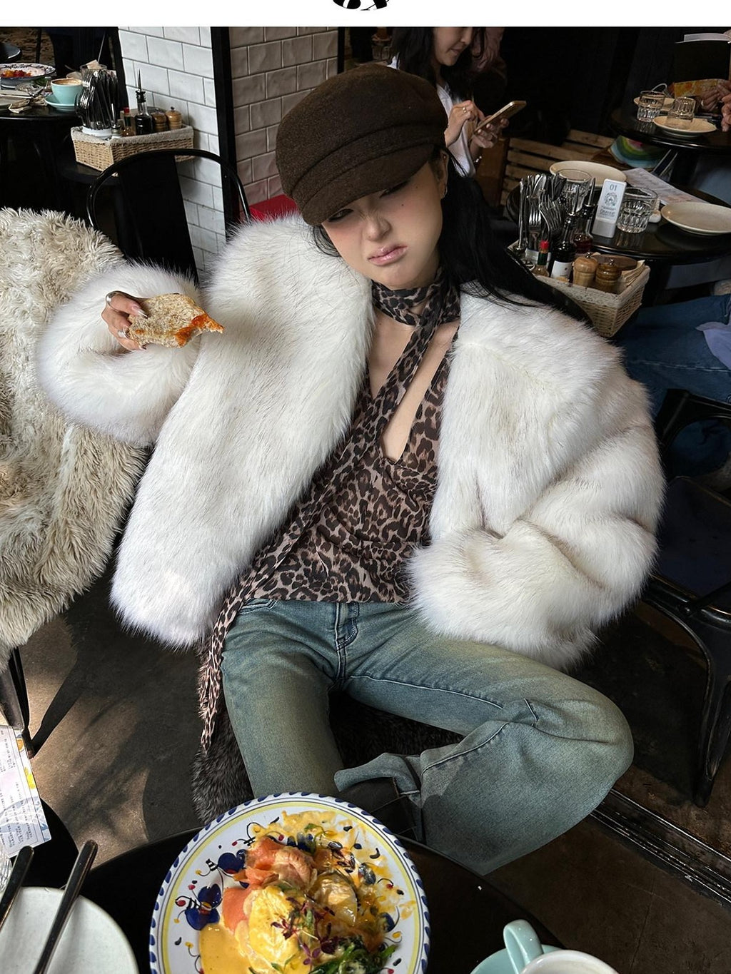 Fanptntox White Boatneck Cropped Loose Fit Women's Faux Mink Faux Fur Coats