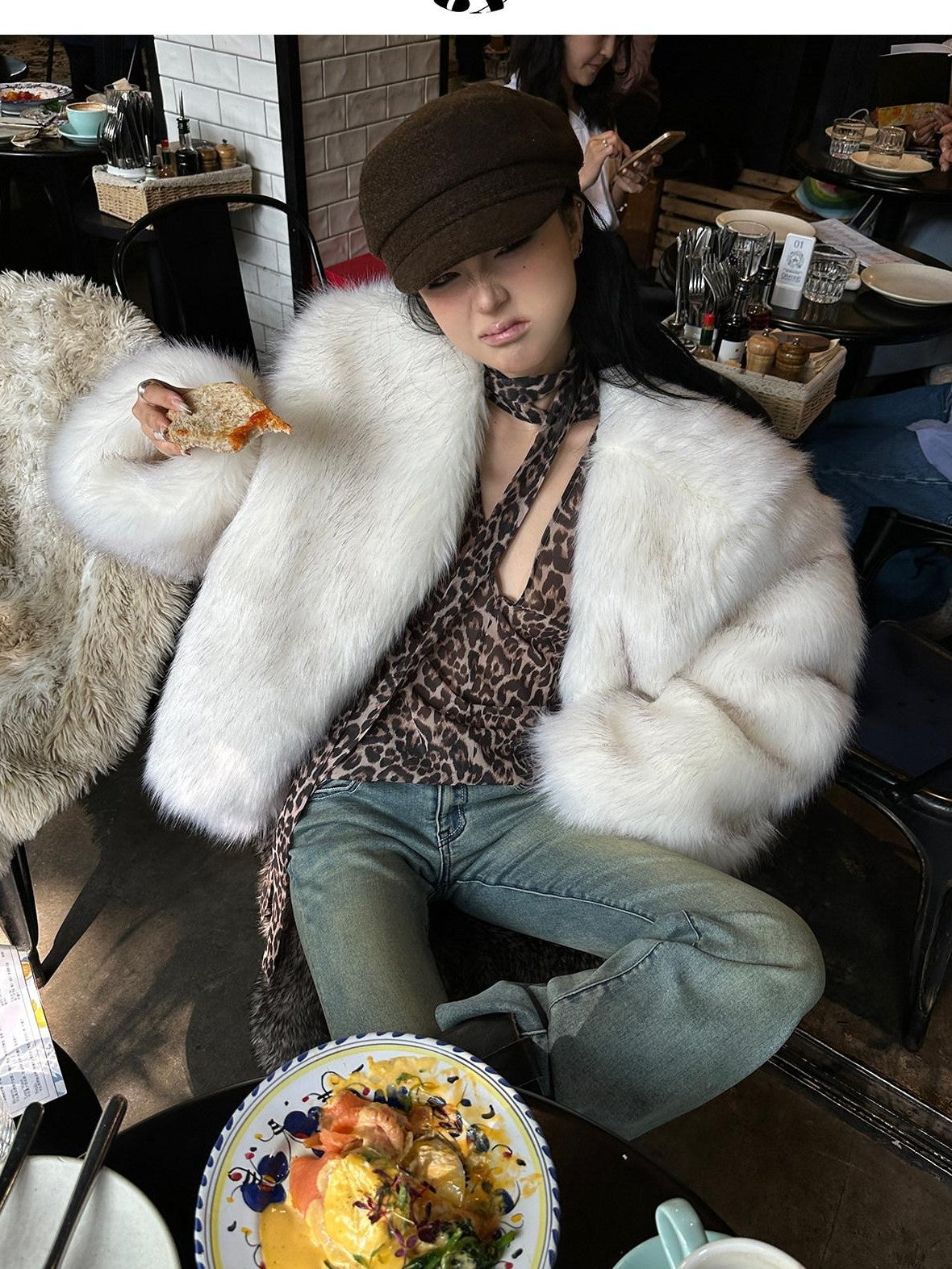 Fanptntox White Boatneck Cropped Loose Fit Women's Faux Mink Faux Fur Coats