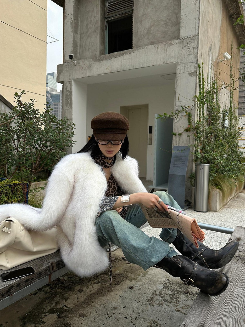Fanptntox White Boatneck Cropped Loose Fit Women's Faux Mink Faux Fur Coats