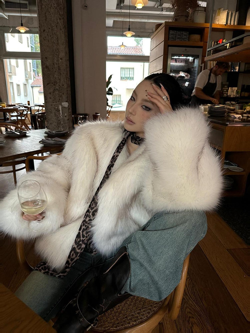 Fanptntox White Boatneck Cropped Loose Fit Women's Faux Mink Faux Fur Coats