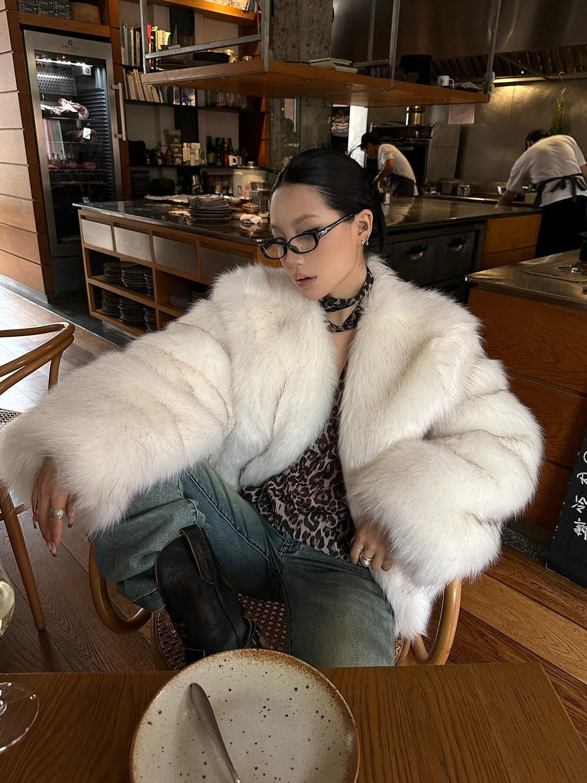 Fanptntox White Boatneck Cropped Loose Fit Women's Faux Mink Faux Fur Coats