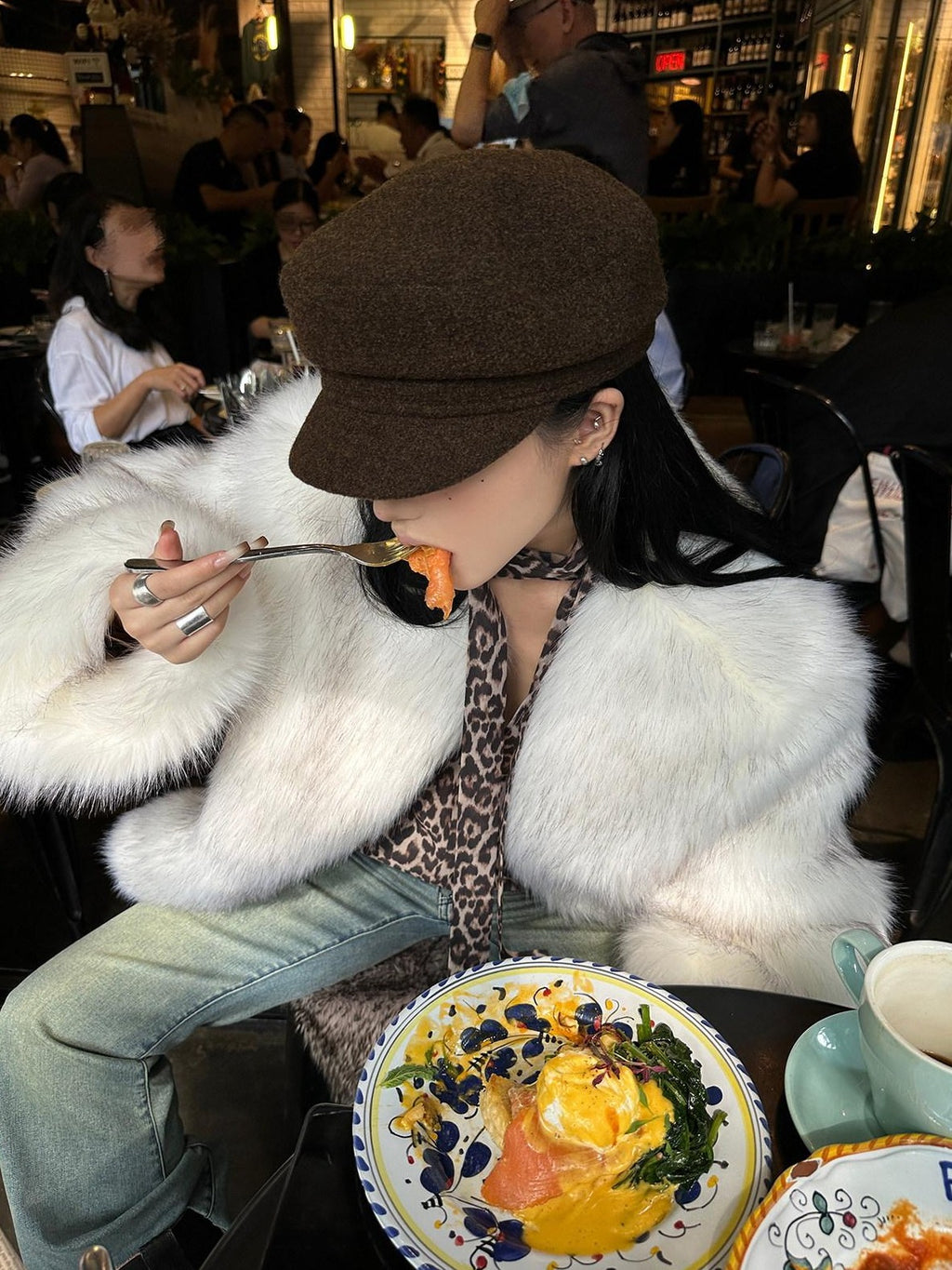 Fanptntox White Boatneck Cropped Loose Fit Women's Faux Mink Faux Fur Coats