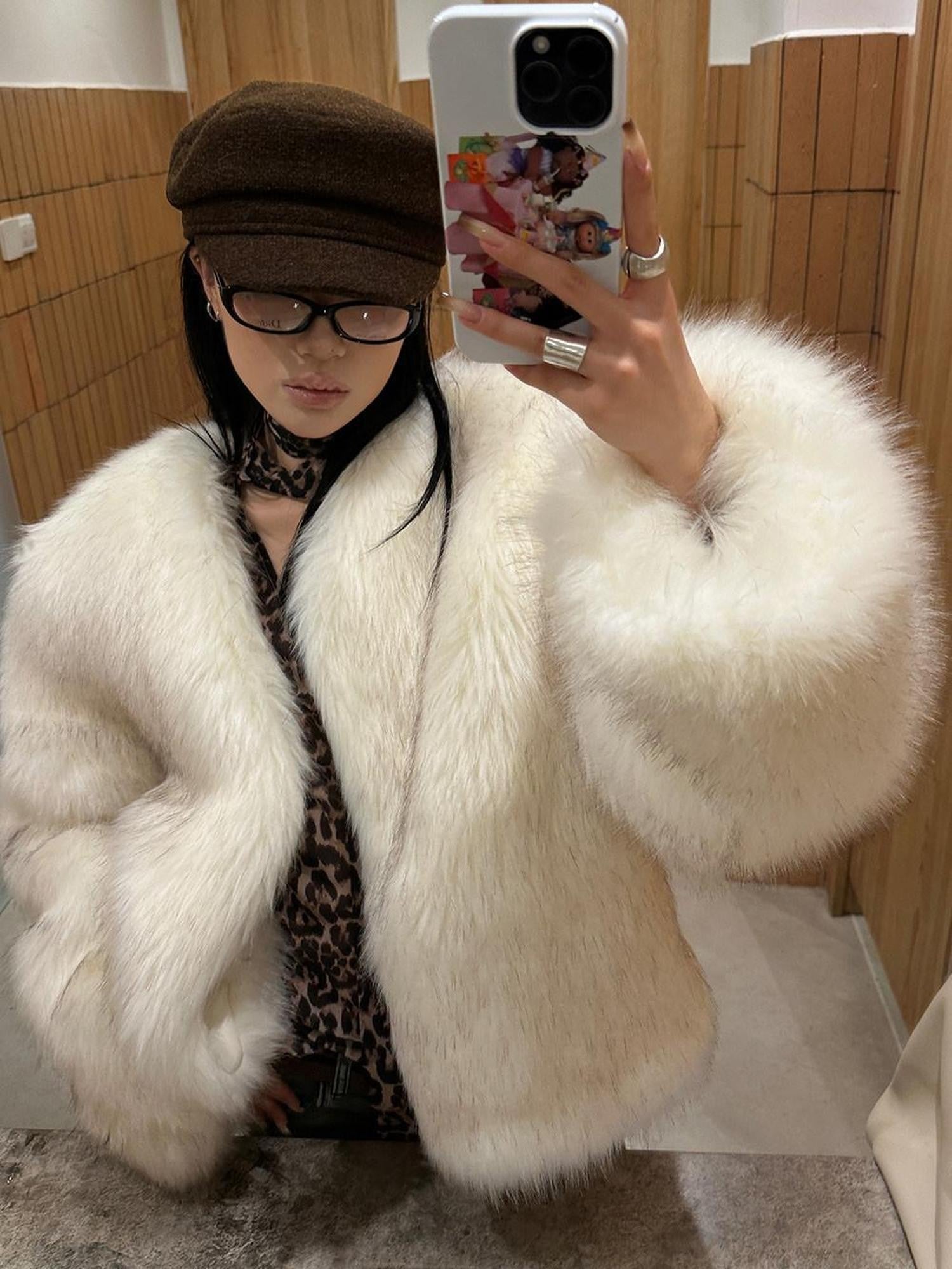 Fanptntox White Boatneck Cropped Loose Fit Women's Faux Mink Faux Fur Coats