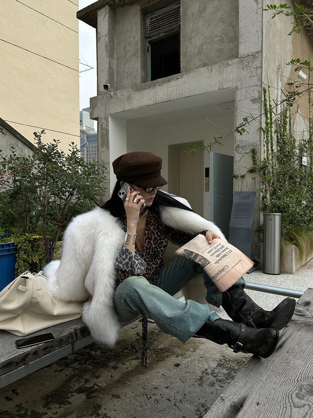 Fanptntox White Boatneck Cropped Loose Fit Women's Faux Mink Faux Fur Coats