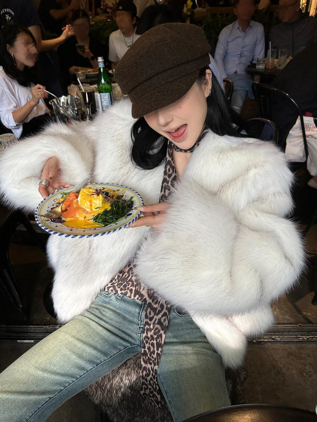 Fanptntox White Boatneck Cropped Loose Fit Women's Faux Mink Faux Fur Coats