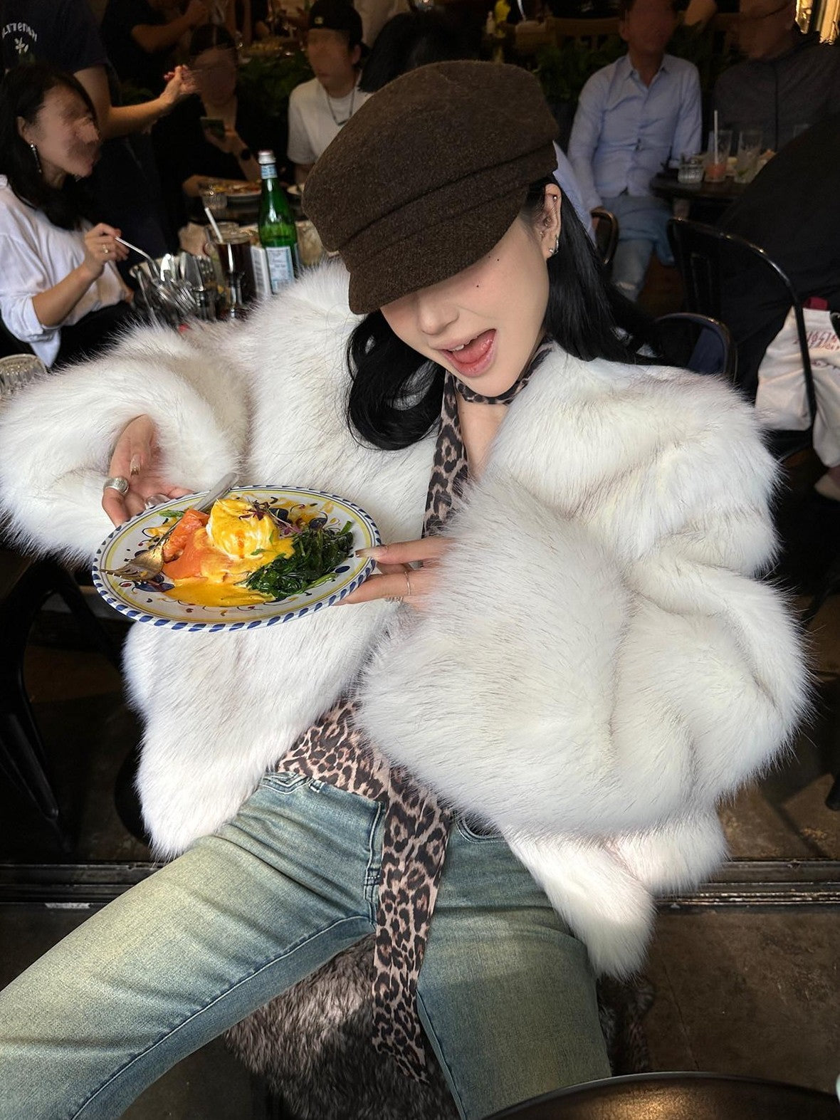 Fanptntox White Boatneck Cropped Loose Fit Women's Faux Mink Faux Fur Coats
