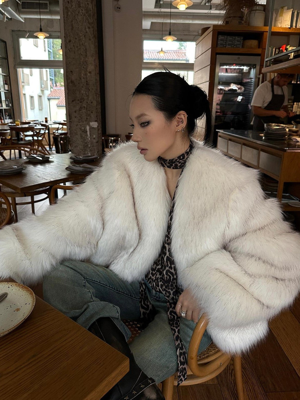 Fanptntox White Boatneck Cropped Loose Fit Women's Faux Mink Faux Fur Coats