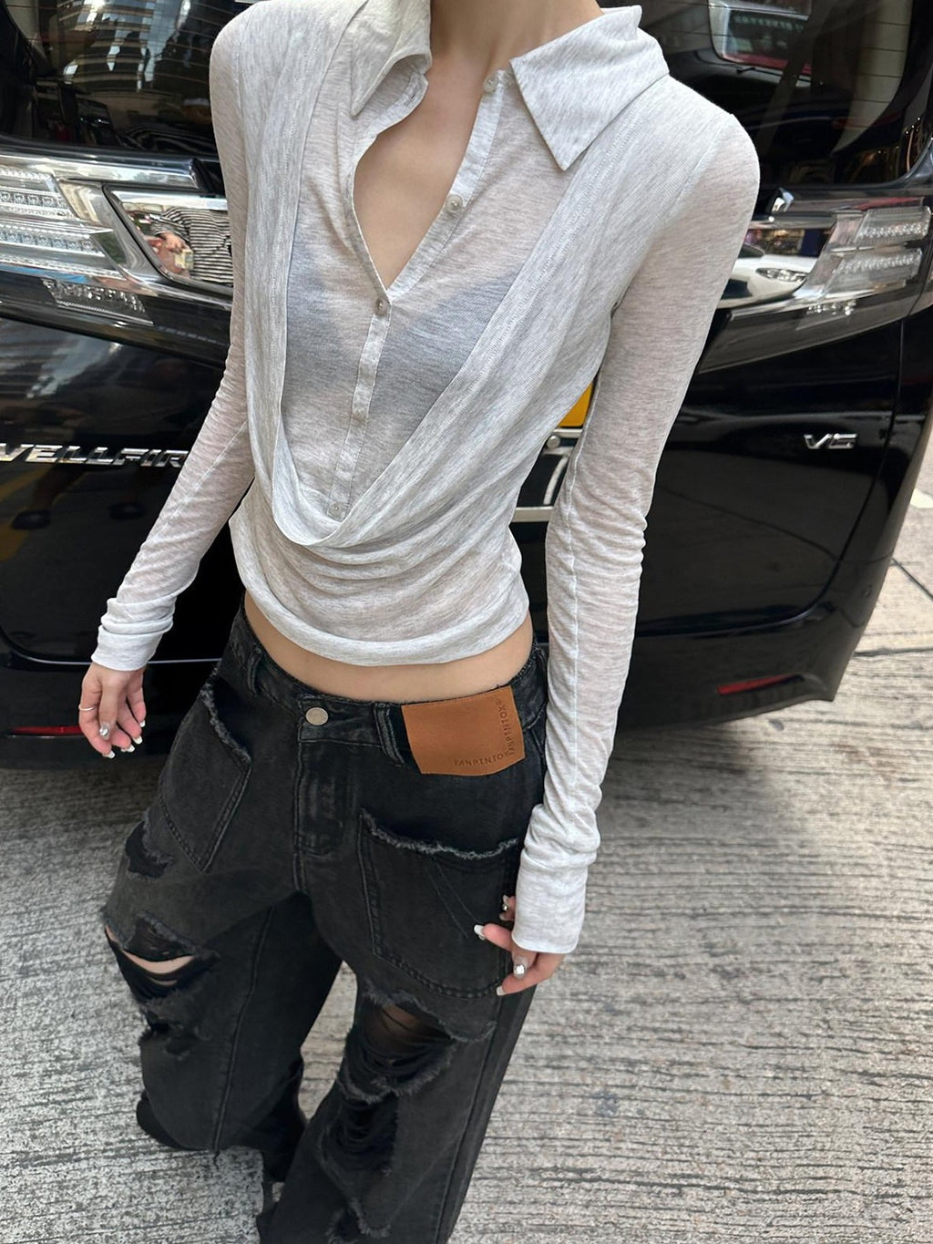 Fanptntox White Gray Solid V-neck Faux Layered Slightly Sheer Designer Women's Shirts
