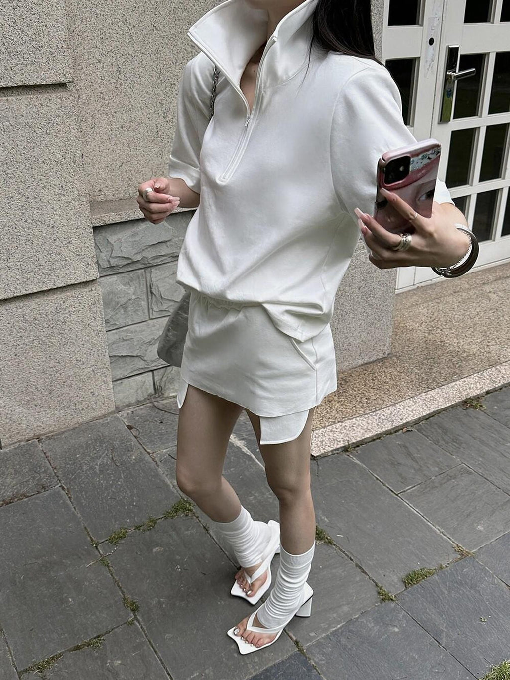 Fanptntox White High Neck Padded Shoulder Raw Hem Women's Cotton Oversized T-shirts