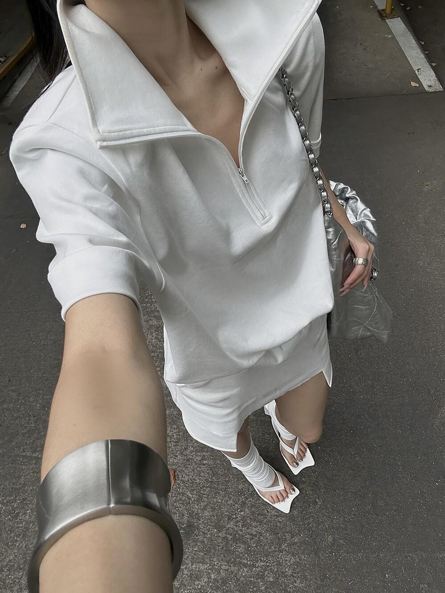 Fanptntox White High Neck Padded Shoulder Raw Hem Women's Cotton Oversized T-shirts