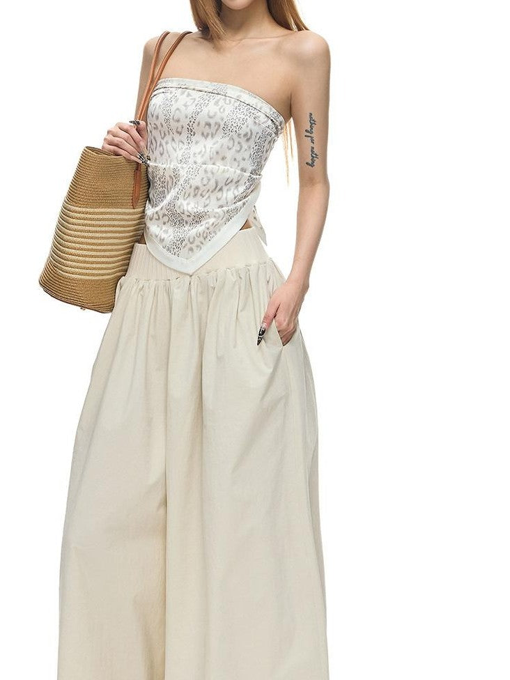 Fanptntox White Leopard Satin Scarf Triangle One Shoulder Slim Crop Women's Tube Tops